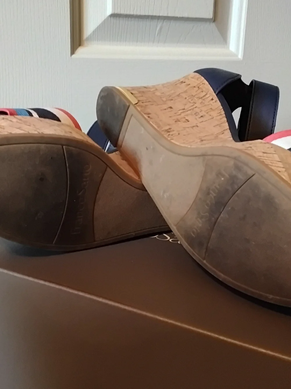Franco Sarto Clemons Navy Espadrille Wedge Sandals with Multicolor Stripes, 8.5